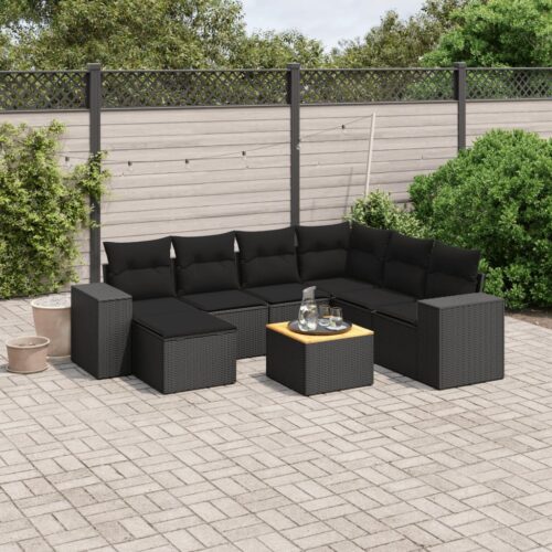 8-Piece Garden Sofa Set with Cushions Black Poly Rattan Wicker Outdoor Patio Furniture - Image 2