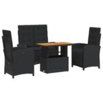 4-Piece Garden Dining Set with Cushions Black Poly Rattan Wicker Outdoor Patio Furniture