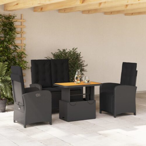4-Piece Garden Dining Set with Cushions Black Poly Rattan Wicker Outdoor Patio Furniture - Image 2