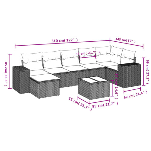 8-Piece Garden Sofa Set with Cushions Black Poly Rattan Wicker Outdoor Patio Furniture - Image 9