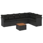 8-Piece Garden Sofa Set with Cushions Black Poly Rattan Wicker Outdoor Patio Furniture