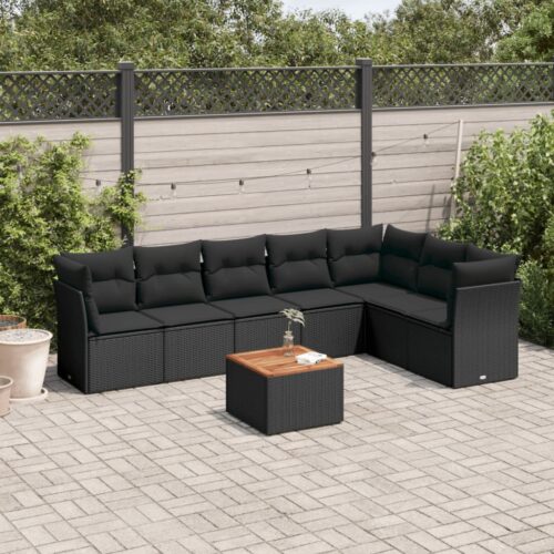 8-Piece Garden Sofa Set with Cushions Black Poly Rattan Wicker Outdoor Patio Furniture - Image 2