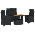 4-Piece Garden Dining Set with Cushions Black Poly Rattan Wicker Outdoor Patio Furniture