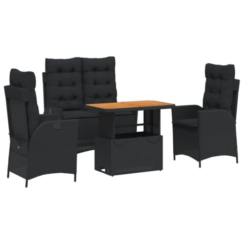 4-Piece Garden Dining Set with Cushions Black Poly Rattan Wicker Outdoor Patio Furniture