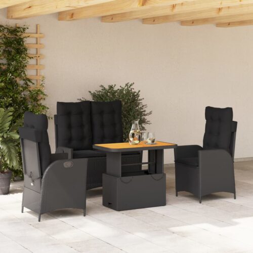 4-Piece Garden Dining Set with Cushions Black Poly Rattan Wicker Outdoor Patio Furniture - Image 2