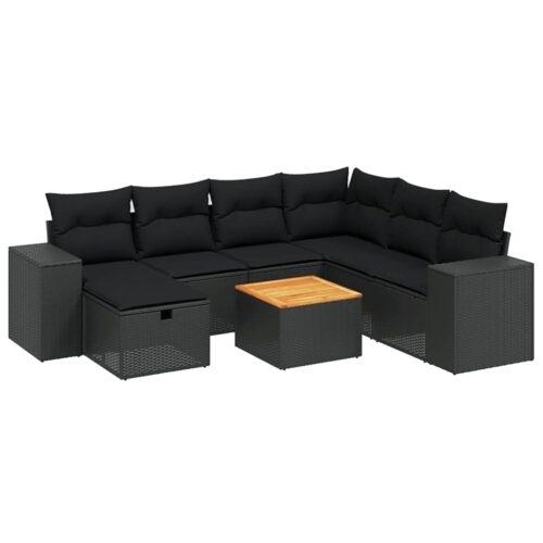 8-Piece Garden Sofa Set with Cushions Black Poly Rattan Wicker Outdoor Patio Furniture