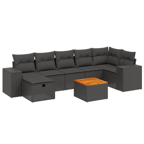 8-Piece Garden Sofa Set with Cushions Black Poly Rattan Wicker Outdoor Patio Furniture