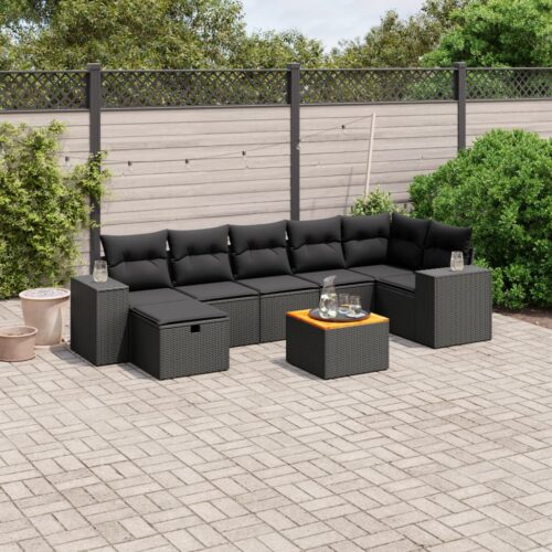 8-Piece Garden Sofa Set with Cushions Black Poly Rattan Wicker Outdoor Patio Furniture - Image 2