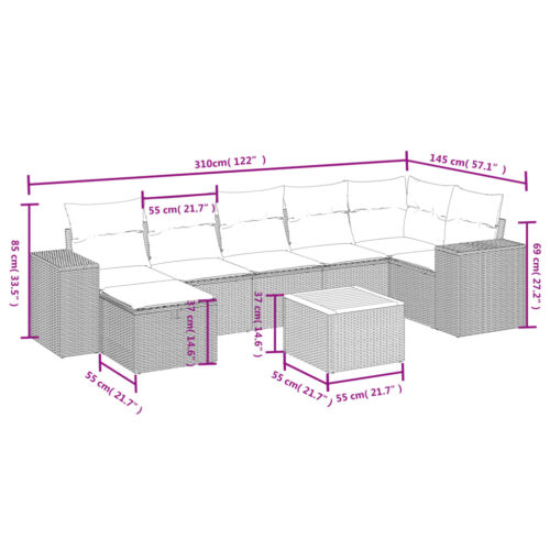 8-Piece Garden Sofa Set with Cushions Black Poly Rattan Wicker Outdoor Patio Furniture - Image 4