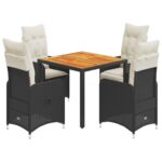 5-Piece Garden Bistro Set with Cushions Black Poly Rattan Wicker Outdoor Patio Furniture