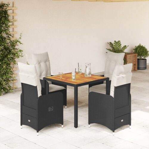 5-Piece Garden Bistro Set with Cushions Black Poly Rattan Wicker Outdoor Patio Furniture - Image 2
