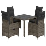 5-Piece Garden Bistro Set with Cushions Grey Poly Rattan Wicker Outdoor Patio Furniture