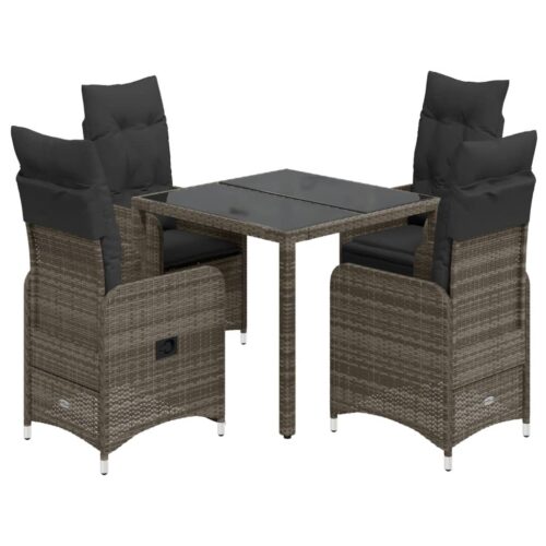 5-Piece Garden Bistro Set with Cushions Grey Poly Rattan Wicker Outdoor Patio Furniture