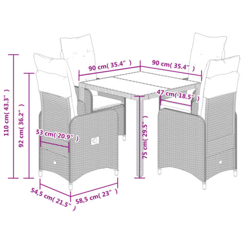 5-Piece Garden Bistro Set with Cushions Grey Poly Rattan Wicker Outdoor Patio Furniture - Image 9
