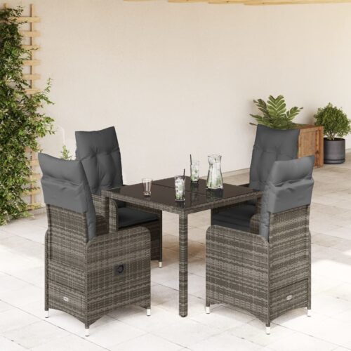 5-Piece Garden Bistro Set with Cushions Grey Poly Rattan Wicker Outdoor Patio Furniture - Image 13
