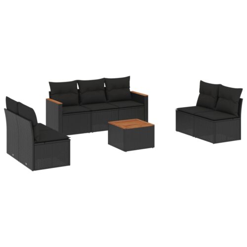 8-Piece Garden Sofa Set with Cushions Black Poly Rattan Wicker Outdoor Patio Furniture