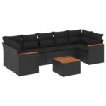 8-Piece Garden Sofa Set with Cushions Black Poly Rattan Wicker Outdoor Patio Furniture