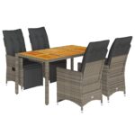 5-Piece Garden Bistro Set with Cushions Grey Poly Rattan Wicker Outdoor Patio Furniture