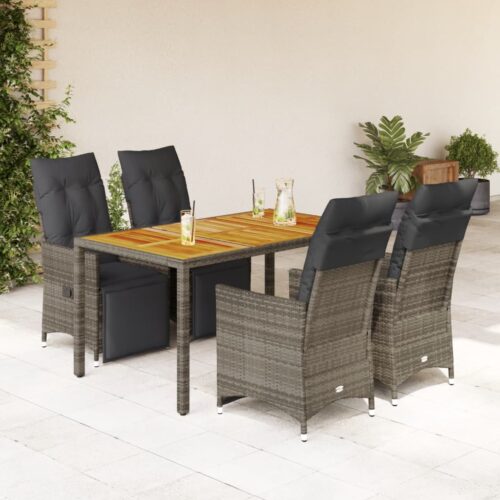 5-Piece Garden Bistro Set with Cushions Grey Poly Rattan Wicker Outdoor Patio Furniture - Image 2