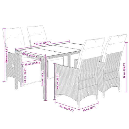 5-Piece Garden Bistro Set with Cushions Grey Poly Rattan Wicker Outdoor Patio Furniture - Image 7