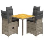 5-Piece Garden Bistro Set with Cushions Grey Poly Rattan Wicker Outdoor Patio Furniture
