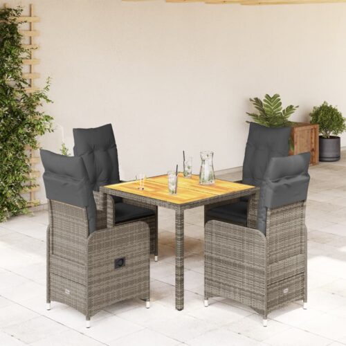 5-Piece Garden Bistro Set with Cushions Grey Poly Rattan Wicker Outdoor Patio Furniture - Image 2