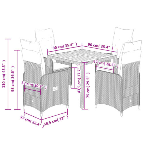 5-Piece Garden Bistro Set with Cushions Grey Poly Rattan Wicker Outdoor Patio Furniture - Image 9