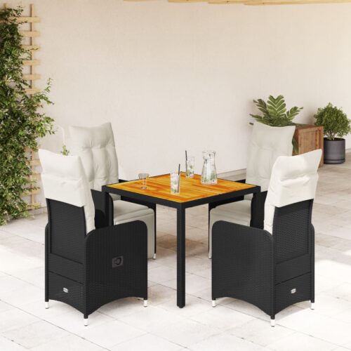5-Piece Garden Bistro Set with Cushions Black Poly Rattan Wicker Outdoor Patio Furniture - Image 2