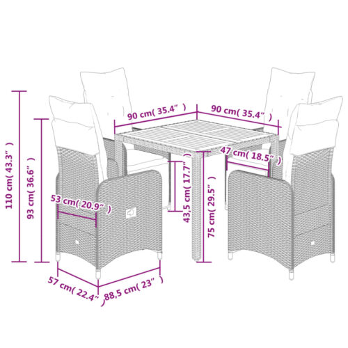 5-Piece Garden Bistro Set with Cushions Black Poly Rattan Wicker Outdoor Patio Furniture - Image 7
