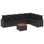 8-Piece Garden Sofa Set with Cushions Black Poly Rattan Wicker Outdoor Patio Furniture