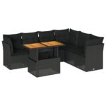 7-Piece Garden Sofa Set with Cushions Black Poly Rattan Wicker Outdoor Patio Furniture