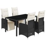 5-Piece Garden Bistro Set with Cushions Black Poly Rattan Wicker Outdoor Patio Furniture