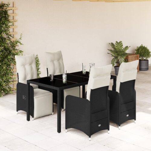 5-Piece Garden Bistro Set with Cushions Black Poly Rattan Wicker Outdoor Patio Furniture - Image 2
