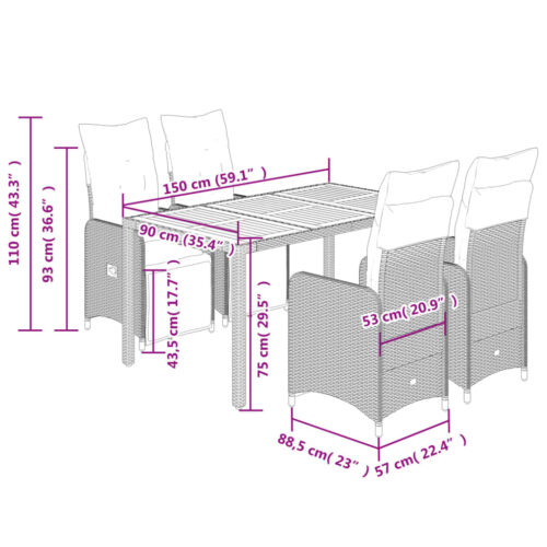 5-Piece Garden Bistro Set with Cushions Black Poly Rattan Wicker Outdoor Patio Furniture - Image 7