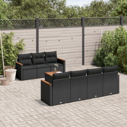 8-Piece Garden Sofa Set with Cushions Black Poly Rattan Wicker Outdoor Patio Furniture - Image 2