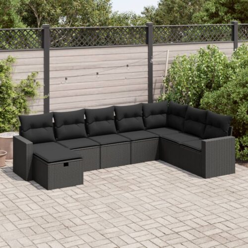 8-Piece Garden Sofa Set with Cushions Black Poly Rattan Wicker Outdoor Patio Furniture - Image 2