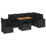 7-Piece Garden Sofa Set with Cushions Black Poly Rattan Wicker Outdoor Patio Furniture