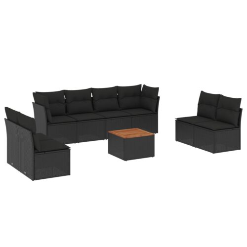 9-Piece Garden Sofa Set with Cushions Black Poly Rattan Wicker Outdoor Patio Furniture - Image 5