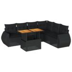7-Piece Garden Sofa Set with Cushions Black Poly Rattan Wicker Outdoor Patio Furniture