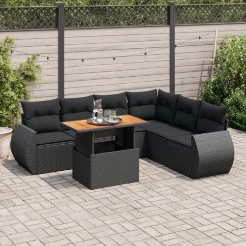 7-Piece Garden Sofa Set with Cushions Black Poly Rattan Wicker Outdoor Patio Furniture - Image 2