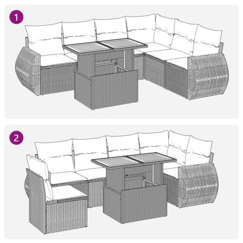 7-Piece Garden Sofa Set with Cushions Black Poly Rattan Wicker Outdoor Patio Furniture - Image 11