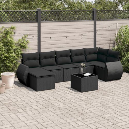 8-Piece Garden Sofa Set with Cushions Black Poly Rattan Wicker Outdoor Patio Furniture - Image 2