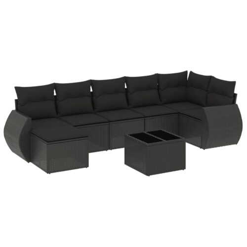 8-Piece Garden Sofa Set with Cushions Black Poly Rattan Wicker Outdoor Patio Furniture - Image 5