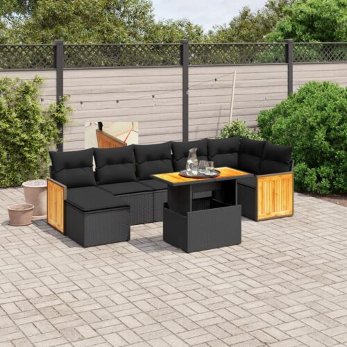 8-Piece Garden Sofa Set with Cushions Black Poly Rattan - Image 2