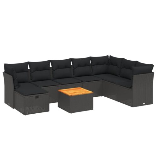 9-Piece Garden Sofa Set with Cushions Black Poly Rattan Wicker Outdoor Patio Furniture