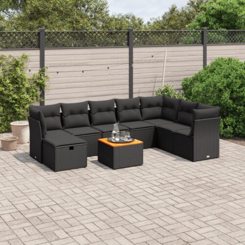 9-Piece Garden Sofa Set with Cushions Black Poly Rattan Wicker Outdoor Patio Furniture - Image 2
