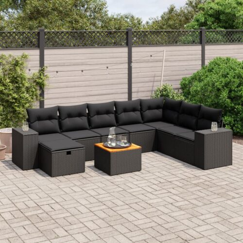 9-Piece Garden Sofa Set with Cushions Black Poly Rattan Wicker Outdoor Patio Furniture - Image 2