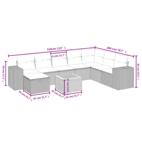9-Piece Garden Sofa Set with Cushions Black Poly Rattan Wicker Outdoor Patio Furniture - Image 4