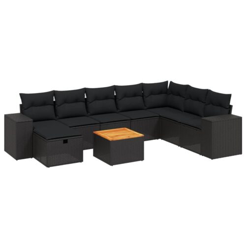 9-Piece Garden Sofa Set with Cushions Black Poly Rattan Wicker Outdoor Patio Furniture - Image 6