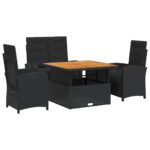 4-Piece Garden Dining Set with Cushions Black Poly Rattan Wicker Outdoor Patio Furniture